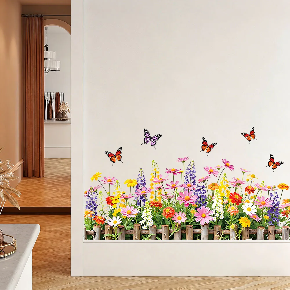 Romantic Butterfly&Flower Vine Fence Flowers Stickers Wall Art Murals, Peel and Stick Wall Art for Girls Bedroom Living Room