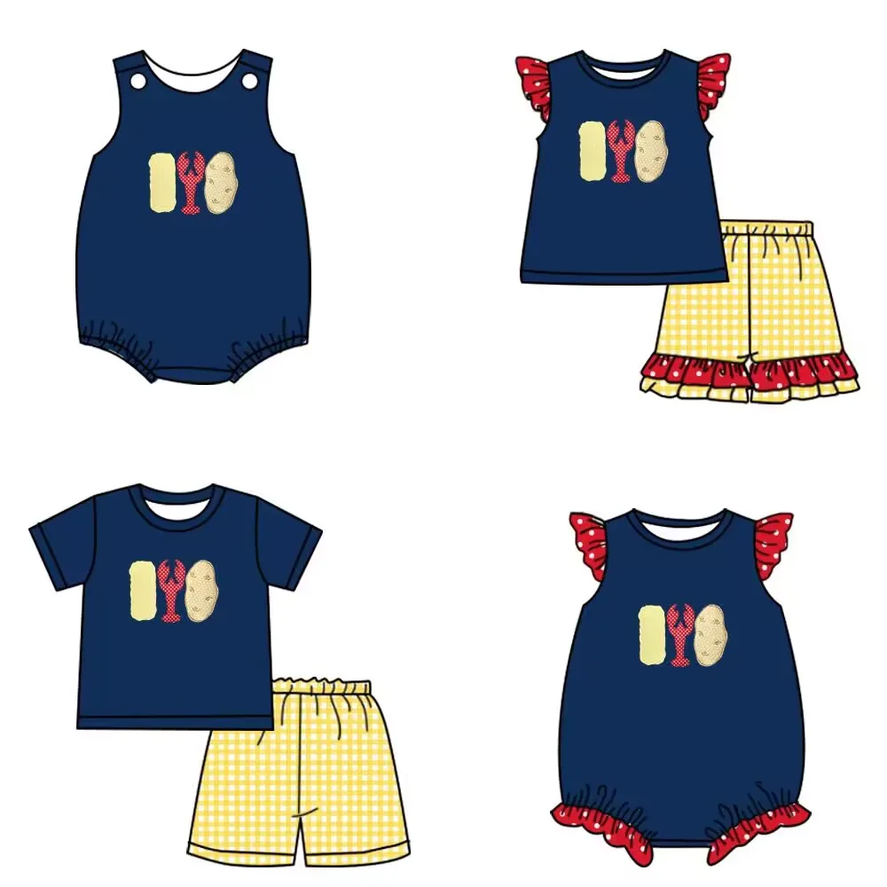 Boutique children's summer clothing navy blue short-sleeved small flying sleeves clothing crayfish corn and potato print set