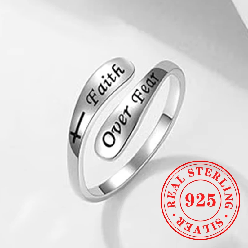 Huitan 925 Sterling Silver Meaningful Opening Rings for Women Encourage Faith Over Fear Word Finger Accessory Chic Party Jewelry