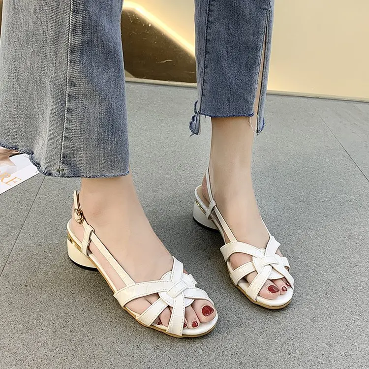 Ladies Summer New Buckle Mid Heel Fashion Women\'s Fashion Simple Fish Mouth Sandals Square Heel High Heels Women Sandals 2023