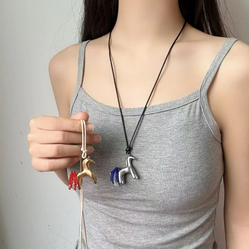 Creative Cute Stereo Little Horse Colored Beaded Tassel Tail Pendant Adjustable Long Rope Necklace for Women Trendy Jewelry Gift