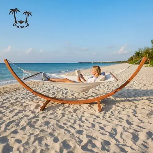 Double Hammock Wood Arc Stand, Wooden Hammock W/Stand, Classic Natural Hammock Set for Yard, Garden (14 ft Set)