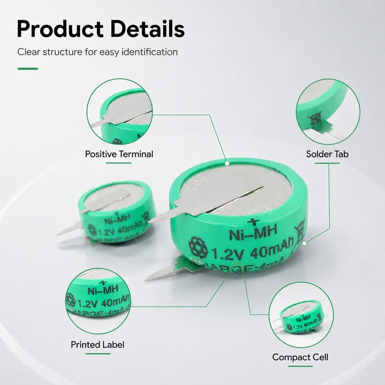 1.2V 80mAh NiMH Button Rechargeable Battery Coin Cell for Solar Garden Light Electronic Toys Small DIY Device Power Supply