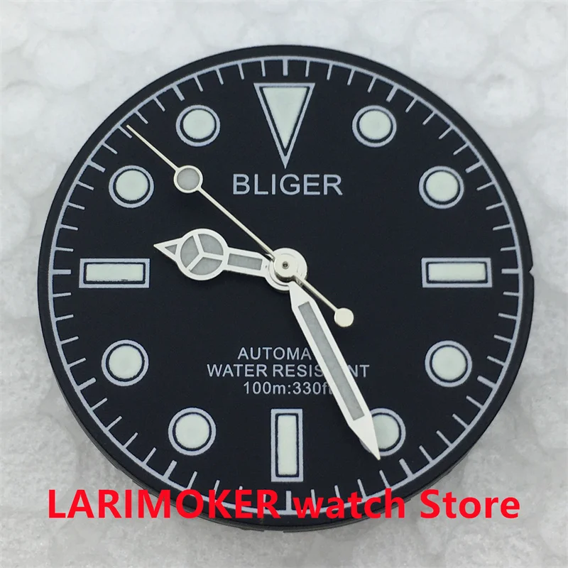 BLIGER 29mm black off-white dial with hands for NH34 NH35 NH36 ETA2824 2836 PT5000 DG Miyota82 series movement green luminous