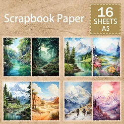 16 Sheets A5 Size Mountains, Rivers And Snow Scenery Background Vintage Grunge Journal Planning Scrapbooking