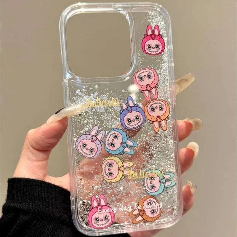 Ins Anime Cartoon LABUBU Funny Quicksand Glitter IPhone 16 Pro Max Phone Case New Transparent All Inclusive Fall Protection Case