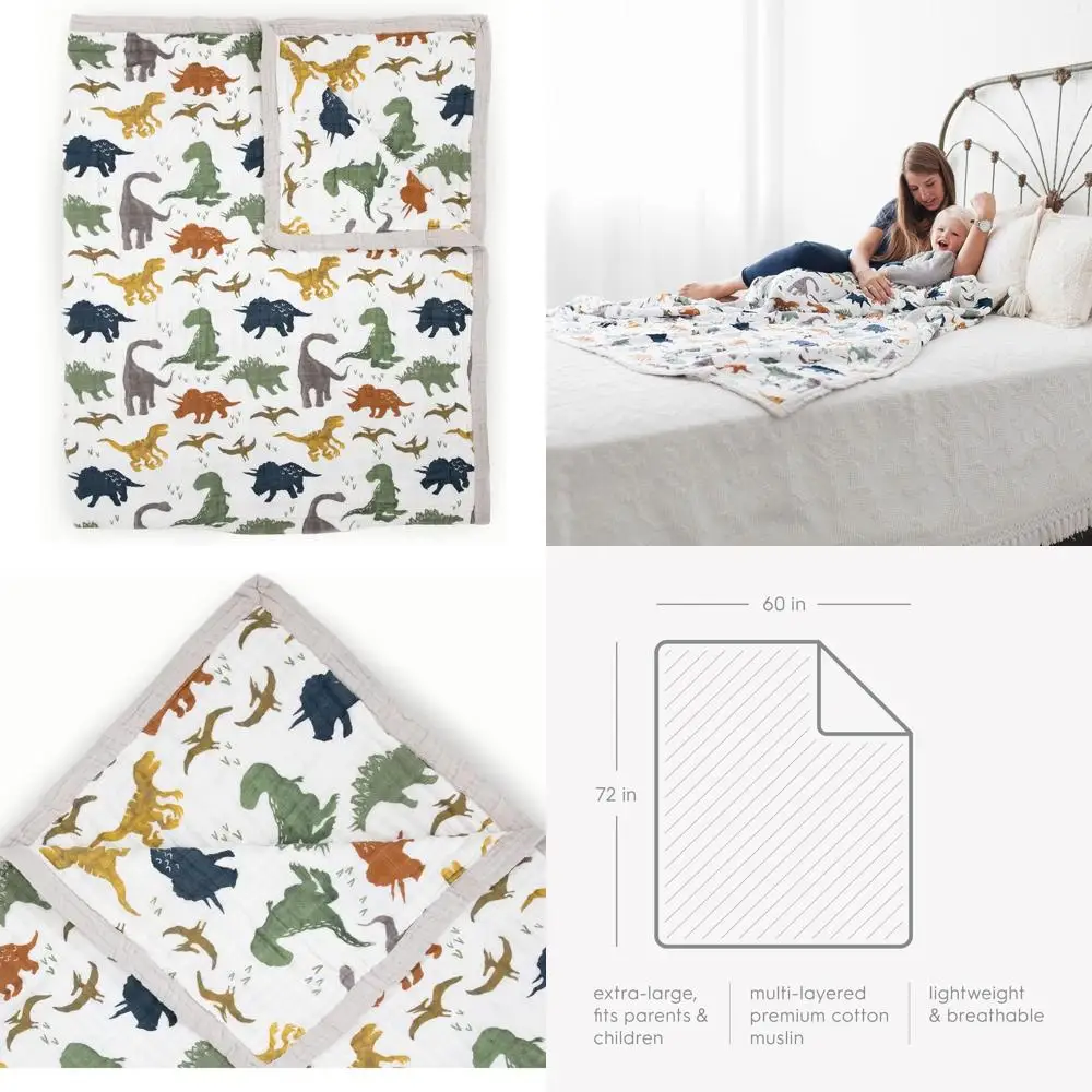 

Ultra Soft Dino Friends Quilted Muslin Throw Blanket - Large Size for Kids and Families