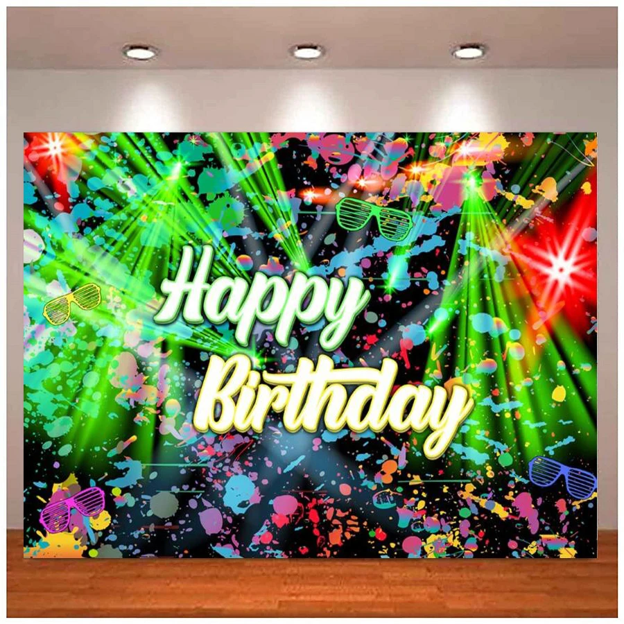 Neno Glow In The Dark Happy Birthday Photograpy Backdrop Colorful Graffiti Splatter Splash Paint Background Disco Party Decor