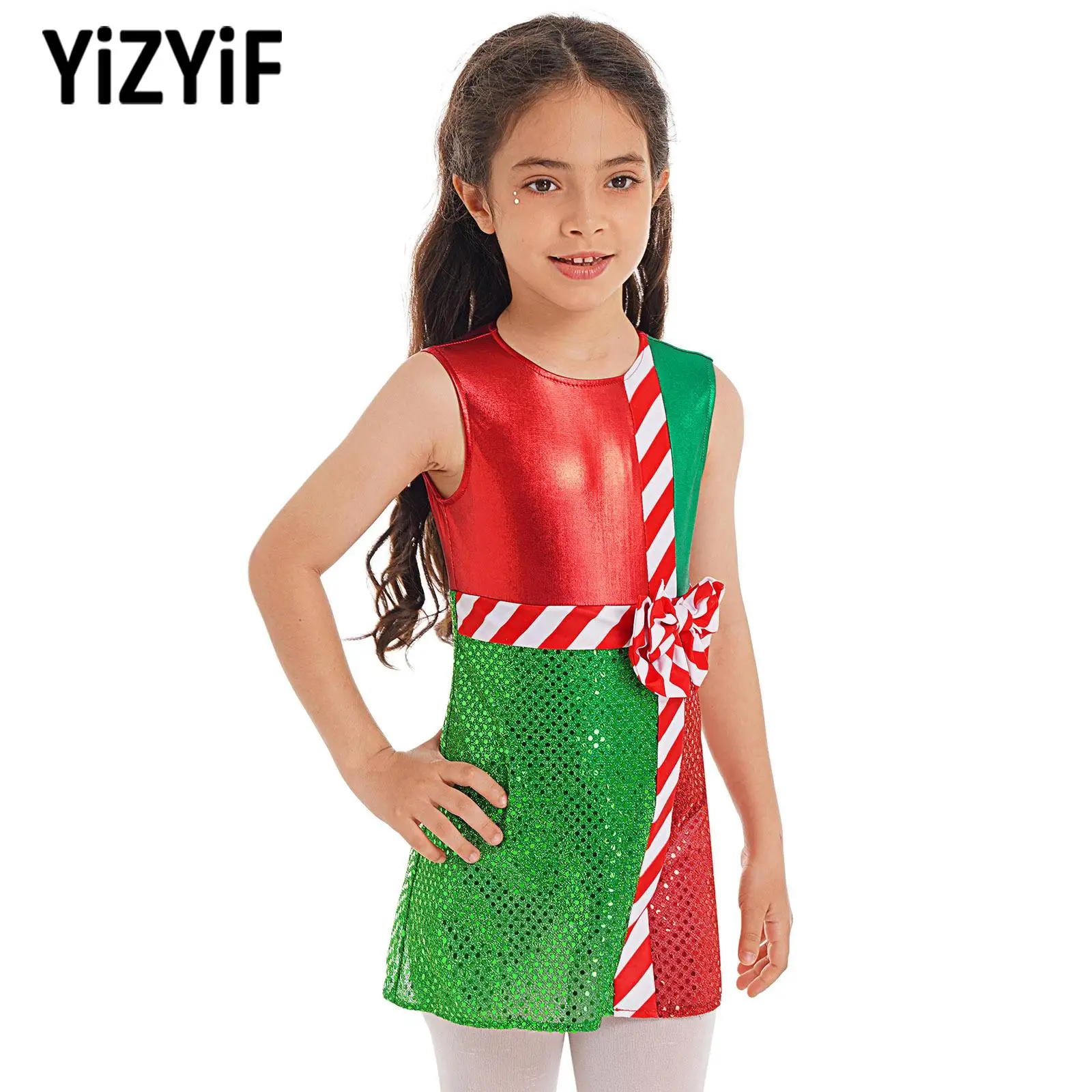 Girls 2024 New Christmas Santa Claus Costume Ballet Contemporary Modern Dance Dress with Bowknot Stage Jumpsuit Clothe Dancewear