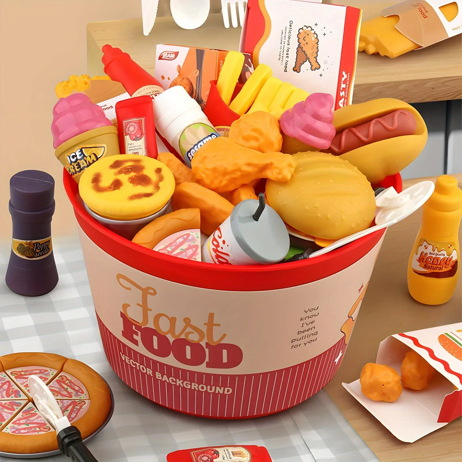 82/40 pcs children's kitchen toys fast food set with storage bucket suitable for boys and girls Halloween Christmas gifts