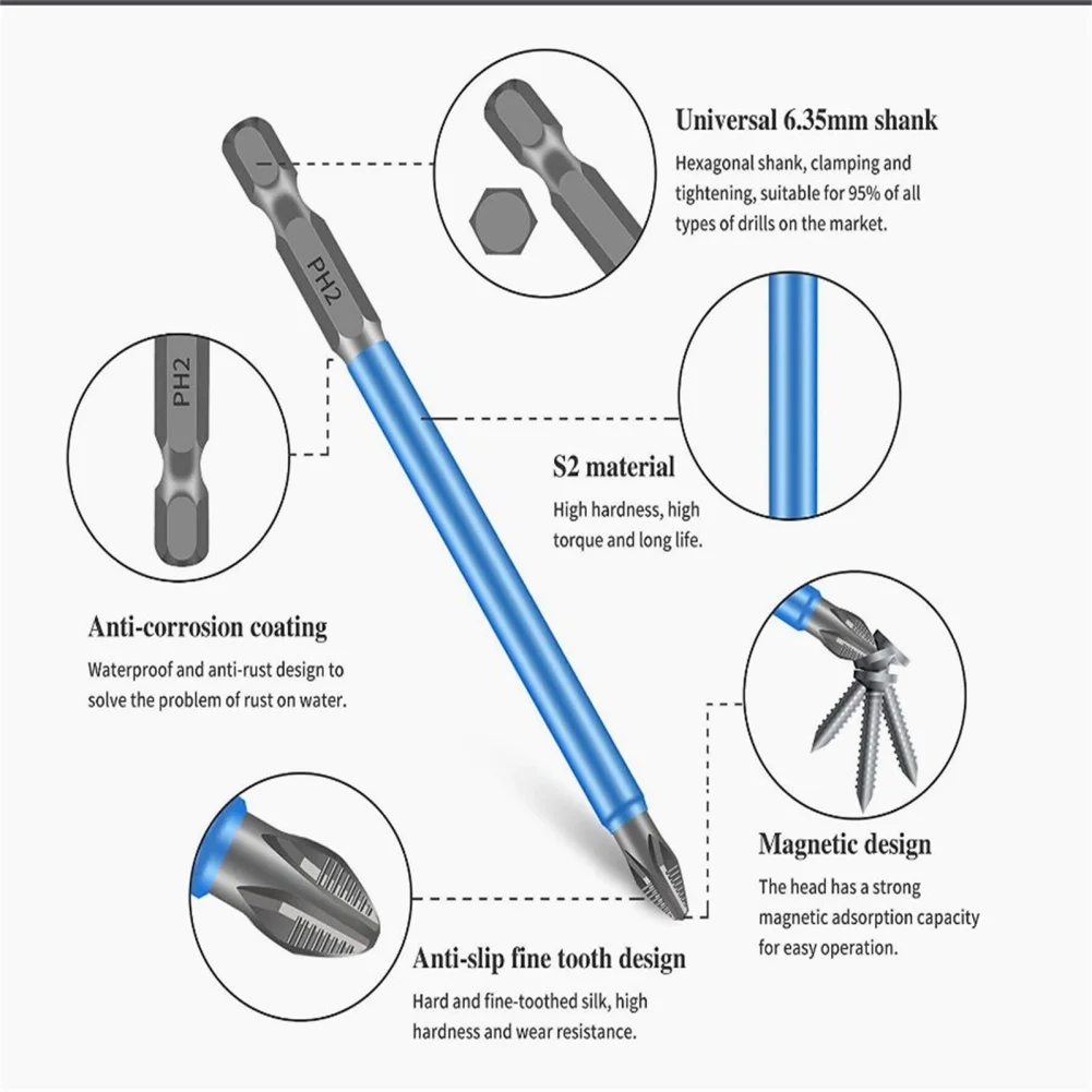 Punte per cacciavite magnetiche da 14 pezzi con gambo PH2 Set di punte per trapano in acciaio legato antiscivolo S2 per la produzione meccanica della lavorazione del legno