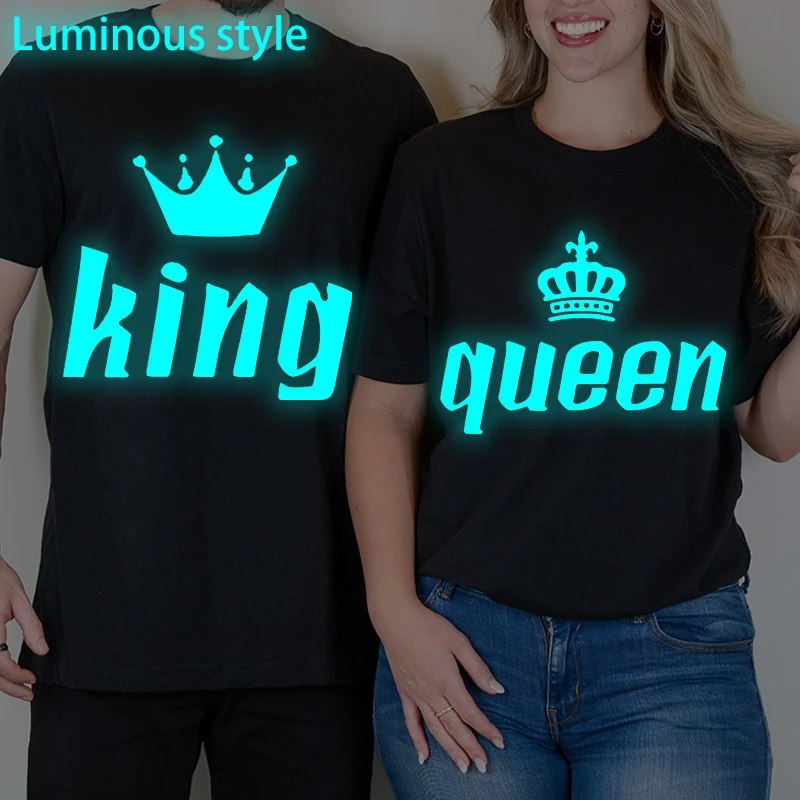 

King Queen Vintage Crown Graphic Y2K Tops Women Men Short Sleeve Fun Anniversary Gift Streetwear Luminous Style Couple T-shirts