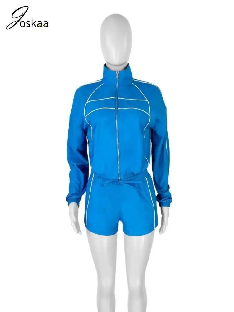 

Joskaa полосатый лоскутный комплект из 2 предметов, женская повседневная укороченная куртка на молнии с длинными рукавами и шорты на шнурке, одинаковые спортивные костюмы 2025 года