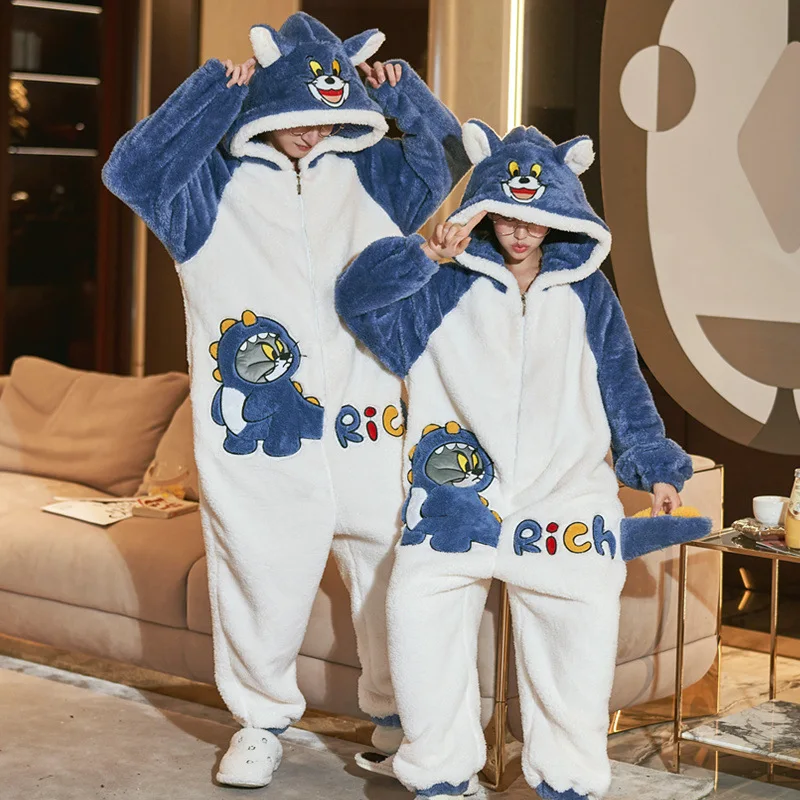 Sanrio Couple Pajamas Winter One-piece Jumpsuit Cinnamoroll Stitch Sleepwear Dinosaur Fuzzy Onesies Hooded Women Men Homewear