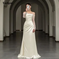 Toofgon Customized Lace Long Sleeves Wedding Dresses Sheath Pleats Spandex Satin Wedding Bridal Gowns Bride Formal Party Dress