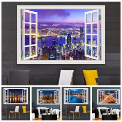3D Window View Wall Sticker, Night City Landscape Decal, Vinyl Wallpaper Peel and Stick, Home Decor, Living Room