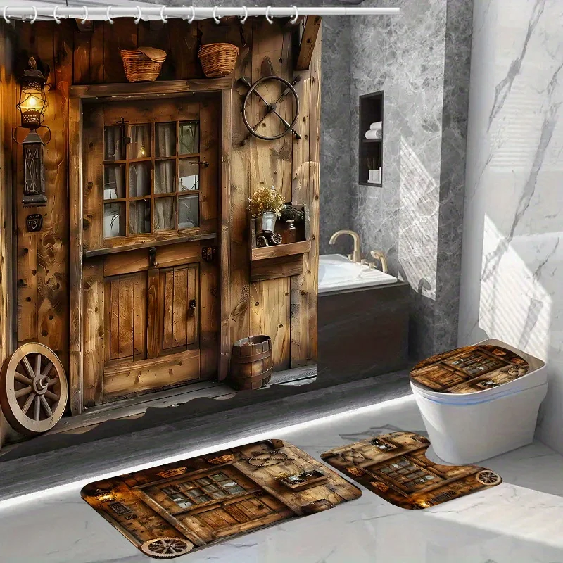 素朴な木製バスルーム装飾セット、12フック付き防水シャワーカーテン、便座カバー、滑り止めラグ、ポリエステル、1個、4個