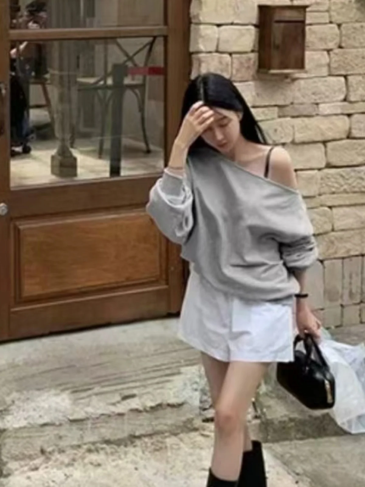 Felpa monospalla da donna allentata Autunno Faion Coreano Sle Capispalla casual ort Sve Long Ne Design Colore puro