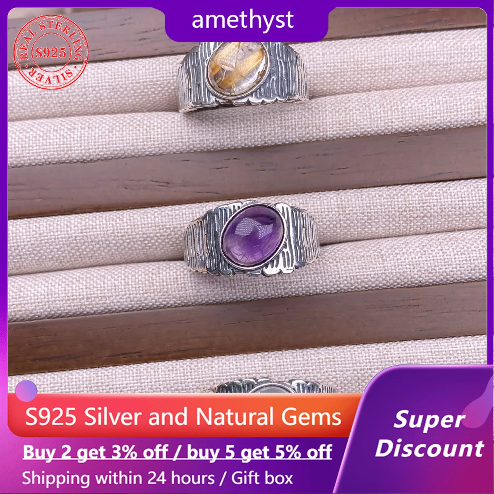 

Natural Gemstone Amethyst Moonstone Ring S925 Silver Men's Ring Vintage Wide Edition Ring Gemstone Crystal Jewelry Accessories