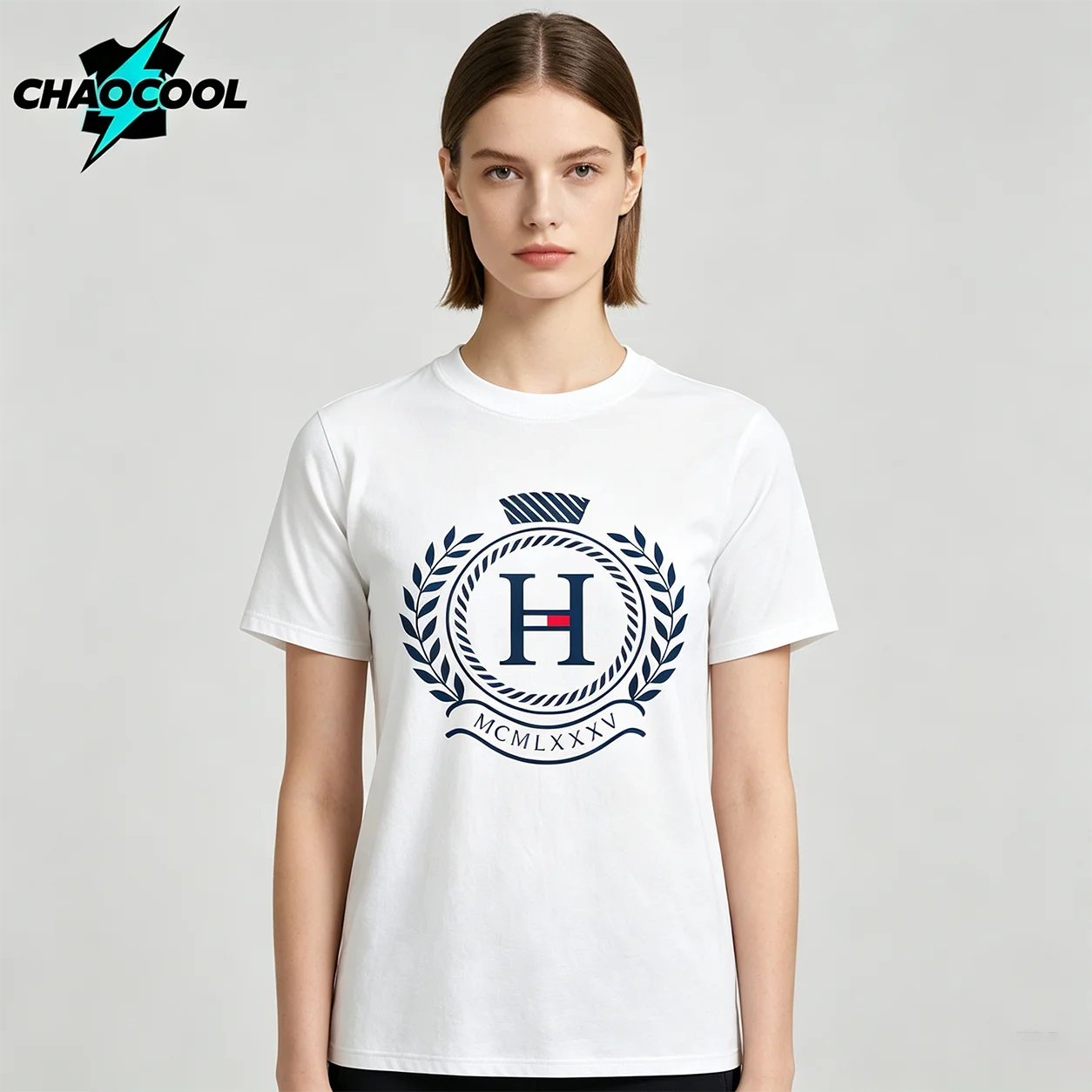 H Letter Laurel Wreath Crest Graphic T‑Shirt Men Vintage Preppy College Style Short Sleeve Tees 100% Cotton Casual Streetwear