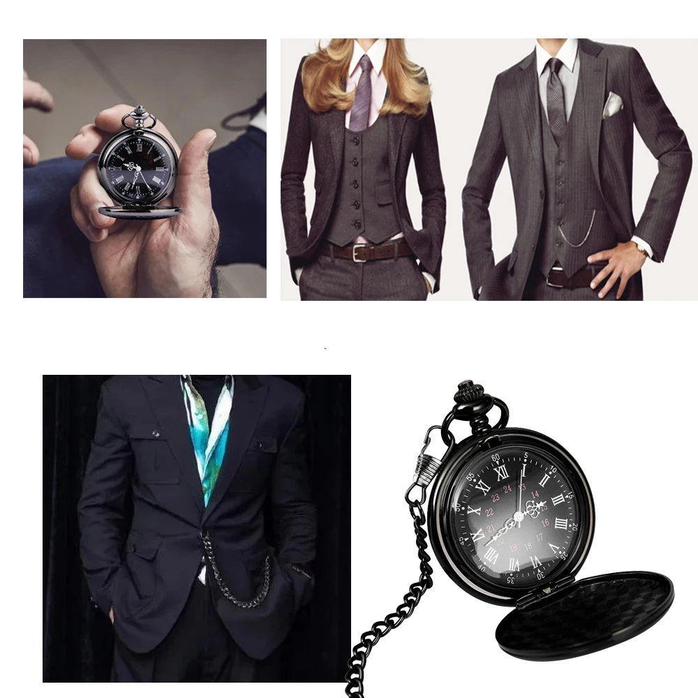 Smooth Steel Quartz Pocket Watch,Vintage Roman Number Dial Watch Christmas Birthday Graduation Gift Pocket Watch with Chain