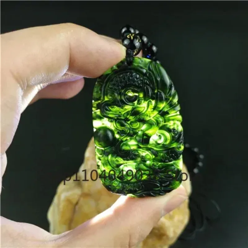 Certified Chinese Natural Black Green Jade Dragon Pendant Beads Necklace Charm Jewelry Obsidian Carved Amulet Gifts for Men