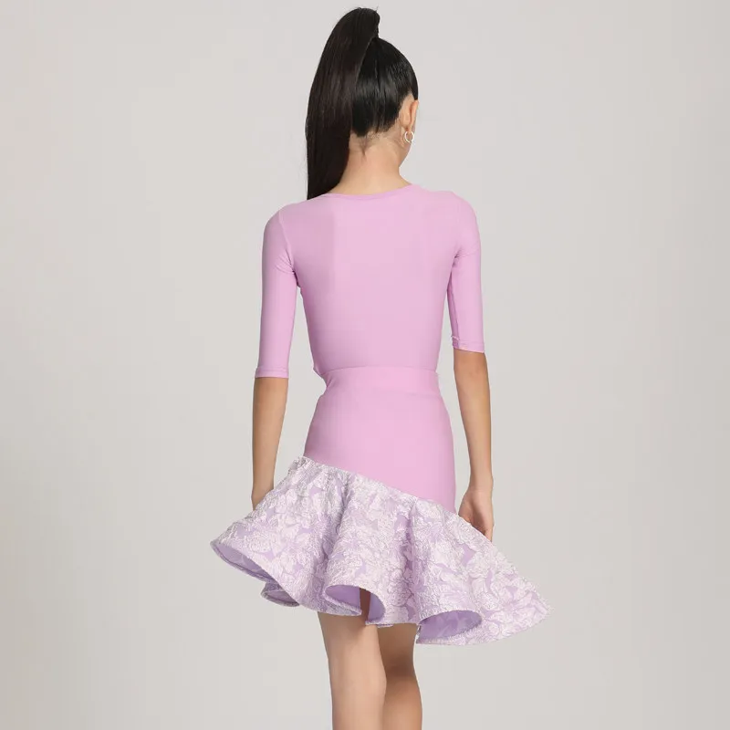 THEEPER Girls Latin Dance Dress Set, Lavender Purple 3/4 Sleeve Floral Skirt for Kids Latin Practice Wear, Latin Dance Costume view 3
