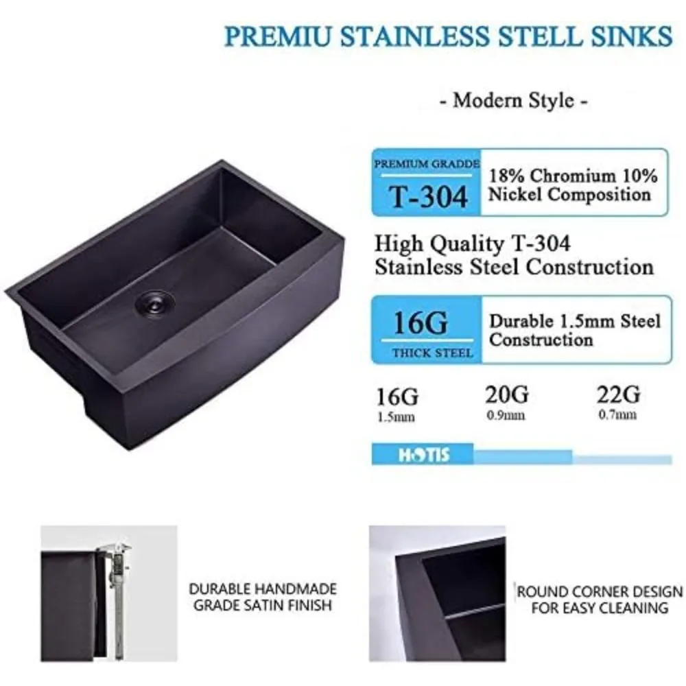 อ่างล้างจานสแตนเลสแบบติดตั้งใต้เคาน์เตอร์ทรงฟาร์มเฮาส์แบบชามเดี่ยว 33 นิ้ว