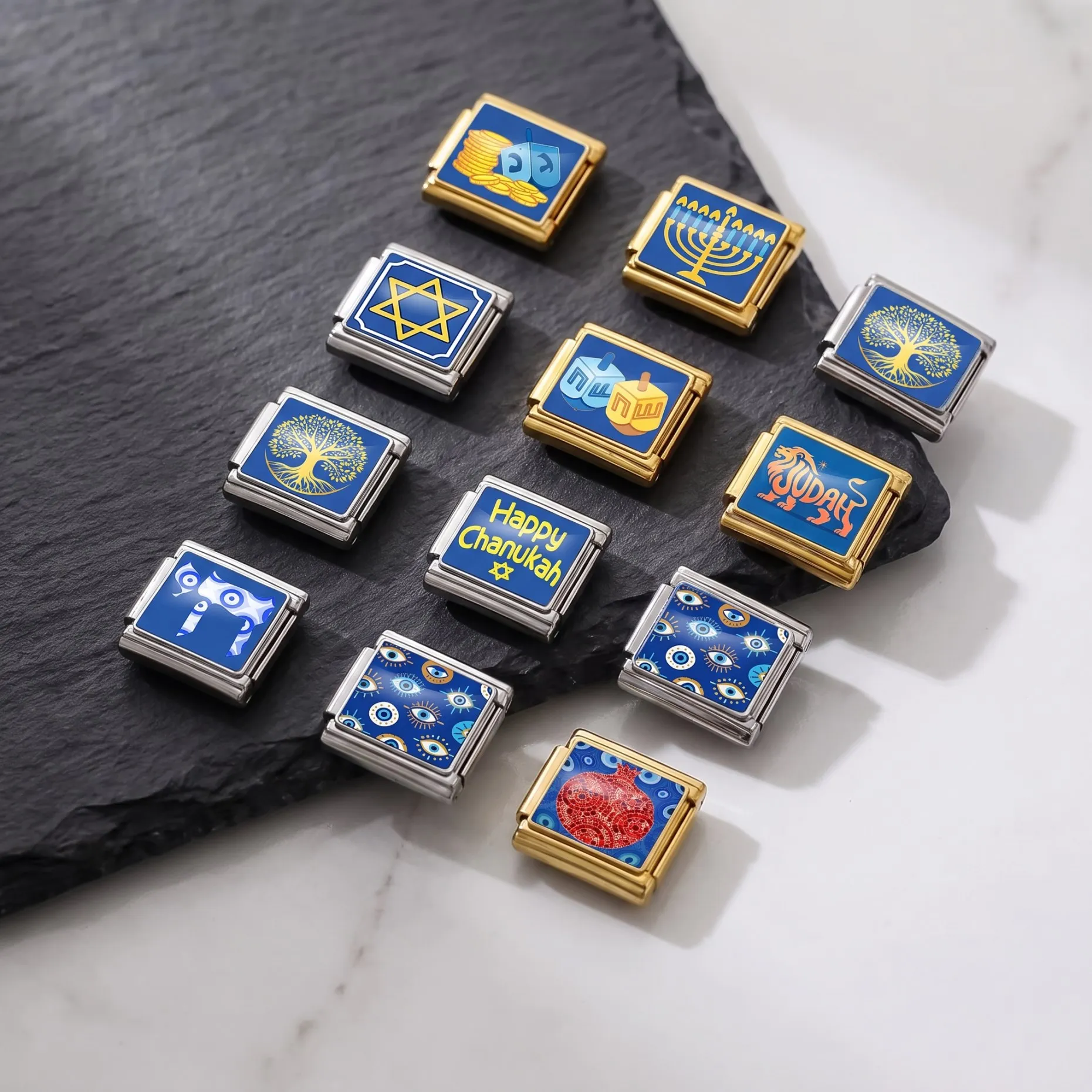 Chai Ayin Hara Star of David Evil Eye Chanukiah Rimon Lion of Judah Jewish Symbol Bead DIY Making Italian Charm Bracelet Jewelry