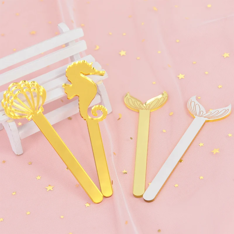 

5pcs Acrylic Ice Cream Sticks Popsicle Stick Gold Shell Mermaid Tail Ice Cream Tools for Kids Birthday Baby Shower DIY Supplies