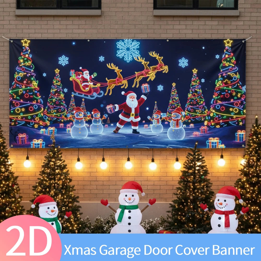 

Рождественский баннер с крышкой гаражной двери, активированный УФ-излучением, большой светящийся в темноте 2D плоский рождественский декор стен для дома, двора, вечеринки, фотофон