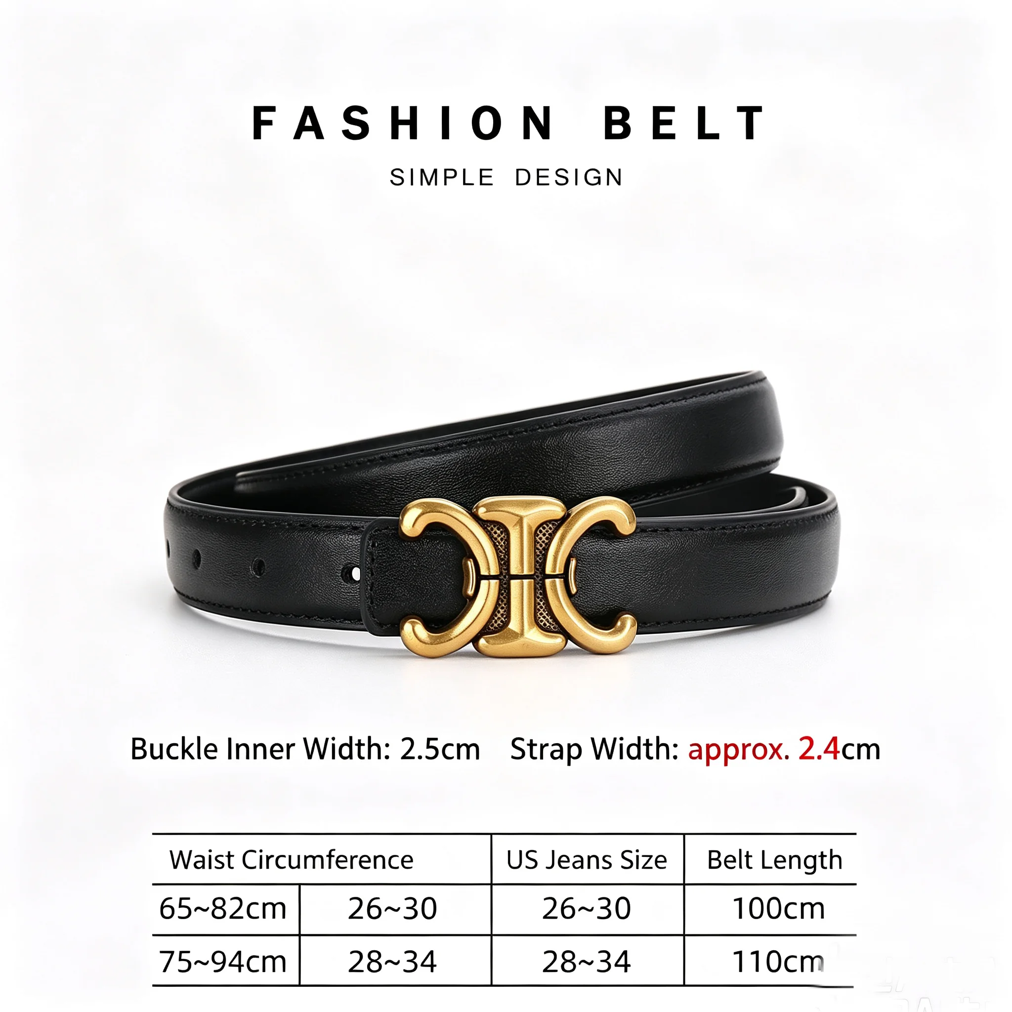 Women Genuine Leather Slim Belt Vintage Gold Buckle Decor Waist Strap Fashion Accessory for Jeans Pants Dresses