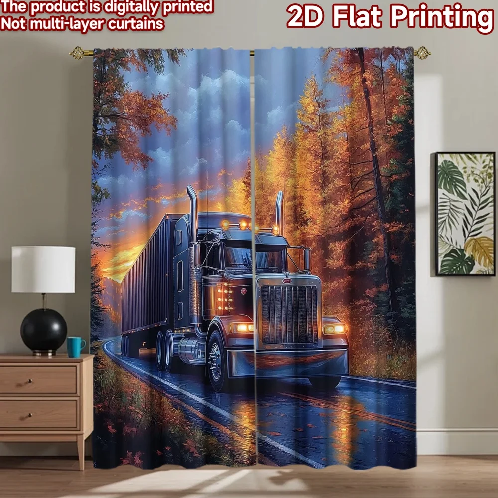 2D flat 2pcs Curtain Modern Minimalist Style Autumn Highway Truck Digitally printed polyester, colorfast Festive Curtains for