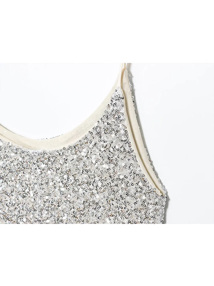 TFMLN 여성 여름 스팽글 드레스 섹시한 반짝이 스파게티 스트랩 민소매 백리스 슬링 드레스 우아한 이브닝 파티 드레스
