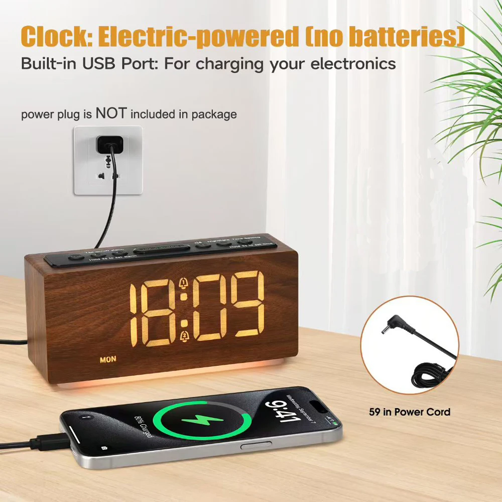 Modern Minimalist Digital LED Wooden Alarm Clock - Adjustable Brightness Nightlight & Snooze Function for Bedroom Decor
