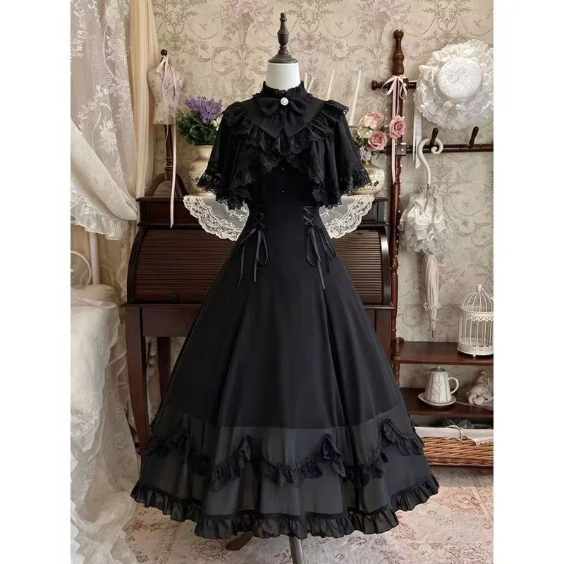Rosa Japanisches Süßes Elegantes Lolita-Maxikleid für Damen, Kawaii Schleife, Stehkragen, Schlankes Bandage-Spitzenkleid, Retro-Abendkleid für Partys