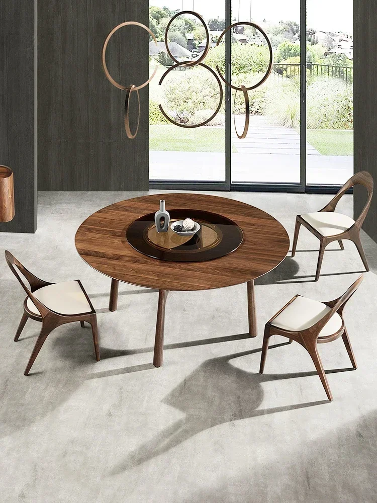 Black Walnut Wood Table Solid Wood Large round Table Light Luxury Household Dining Table with Turntable