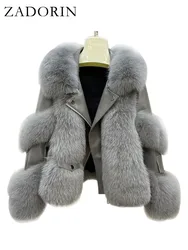 ZADORIN New Winter Coats Furry Faux Fox Fur Coat Women Turn Down Collar PU Leather Splicing Warm Lining Luxury Faux Fur Jacket