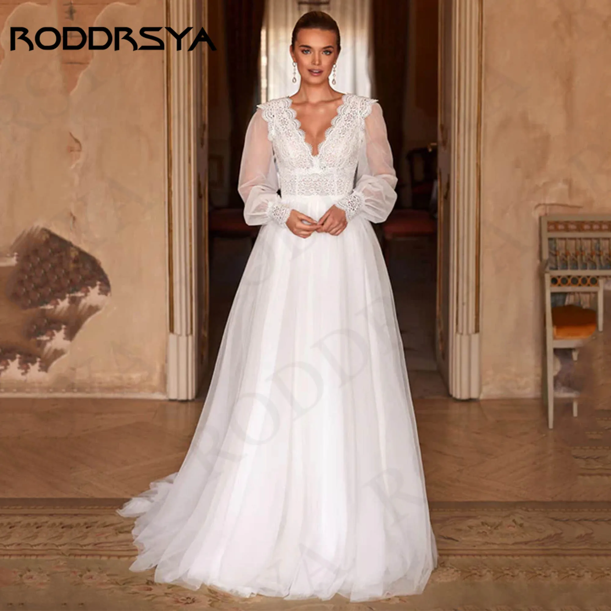 

RODDRSYA Charming Lace Boho Wedding Dresses A Line Detachable Long Puff Sleeves suknie ślubne V Neck Tulle Bride Dress Beach