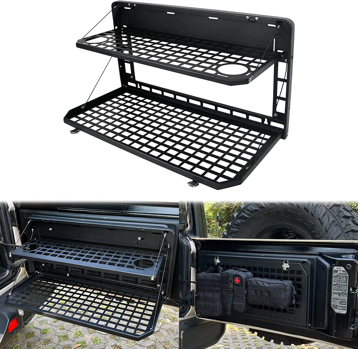 2-Tier Tailgate Table Rear Foldable Storage Cargo Rack Outdoor Camping Desk For Jeep Wrangler 2007-2018 JK JKU & 2018-2022 JL