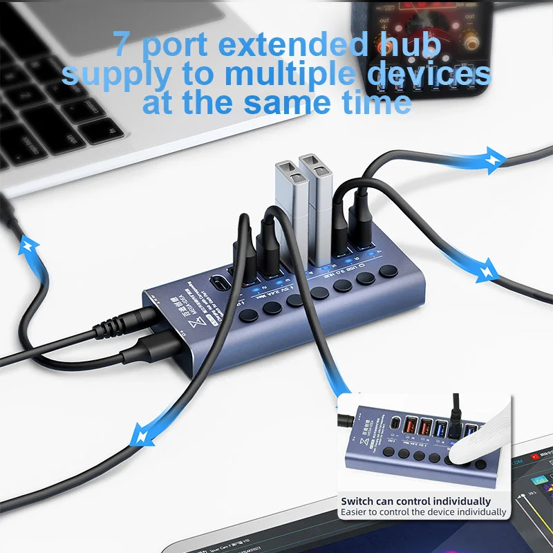 QIANLI MEGA-IDEA P6055 60W Digital Display Multiport Fast Charging Tool with K367H Multifunctional 7-Port Extension USB Hub