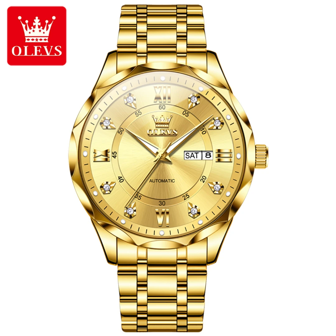 

OLEVS 6727, модные механические часы, подарок, ремешок для часов из нержавеющей стали, наручные часы с круглым циферблатом, дисплей недели, светящийся календарь