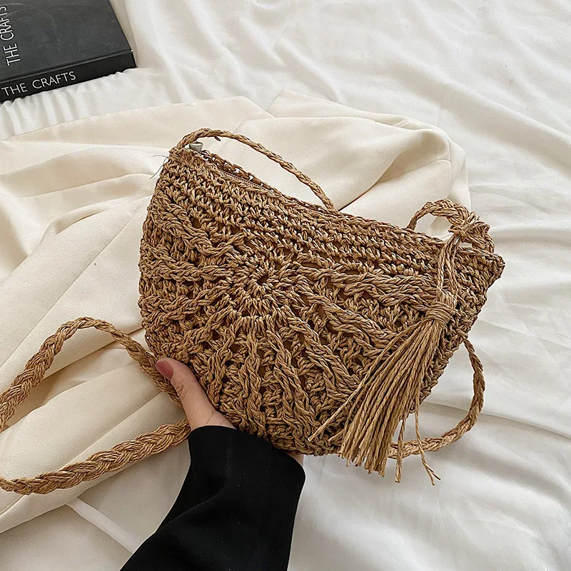 Mode Halbkreis Stroh Gewebt Schulter Umhängetasche Reise Kleine Handtasche Damen Sommer Handgemachte Rattan Quaste Design Strand Tasche – Detail 3