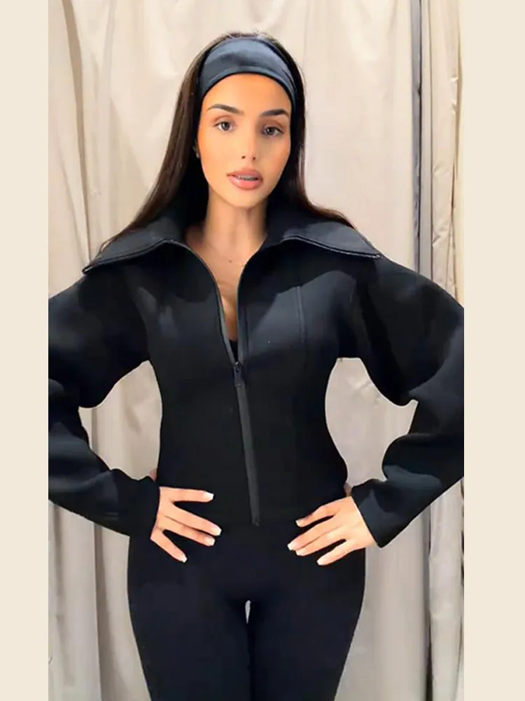 Solid Slim Women's Jacket Lapel Zippers Full Sleeve Casual Waist-Closed Lady Coats 2026 Autumn Chic Female Street Outerwear New