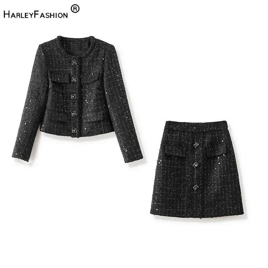 Lady Quality Shiner Office Casual Suit O-neck Long Sleeve Single-breasted Coat Mini Pencil Skirt Women Wool Blends Tweed 2pcs