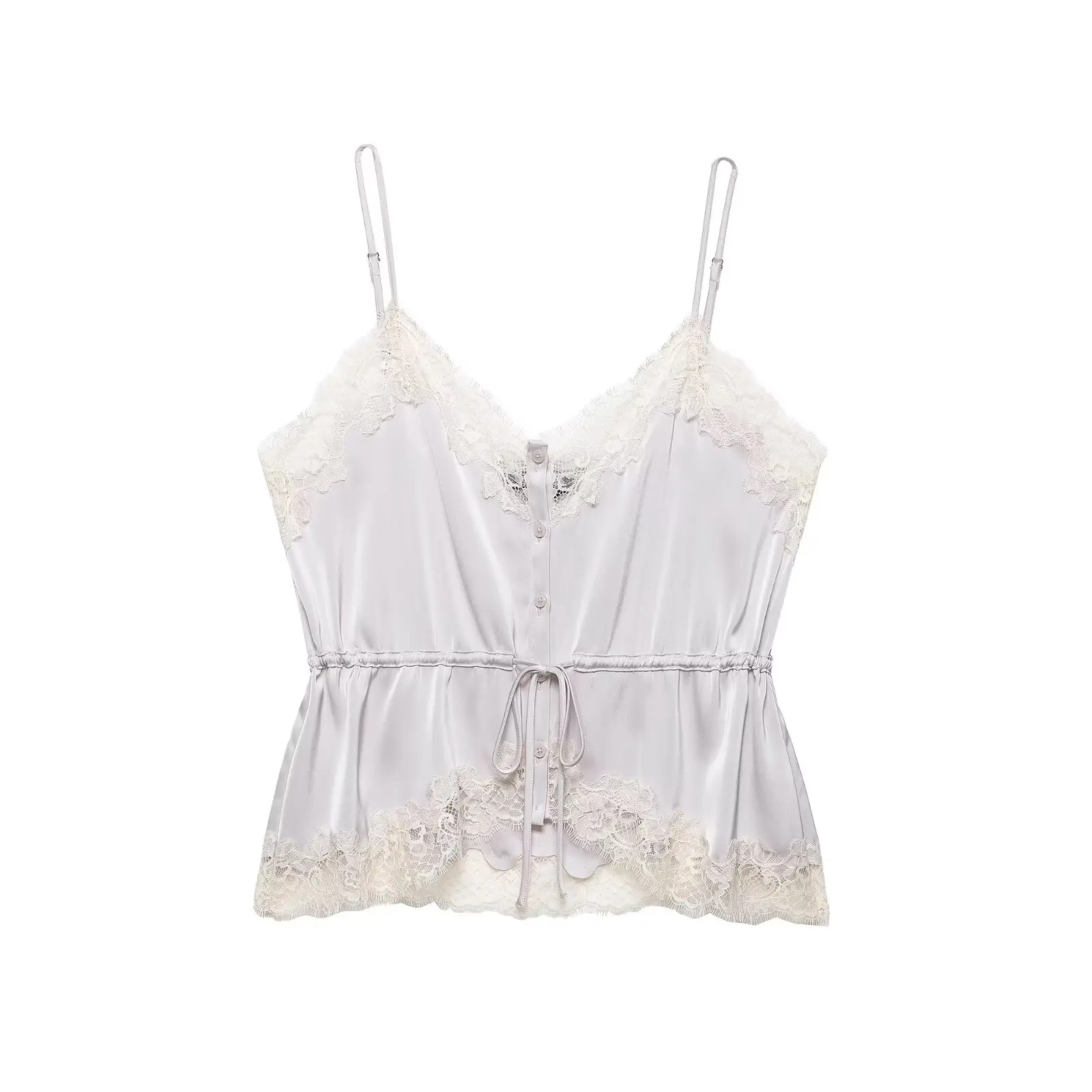 Lace Patchwork Satin Tank Top Women European American Waist Adjustable Sleeveless Shirt