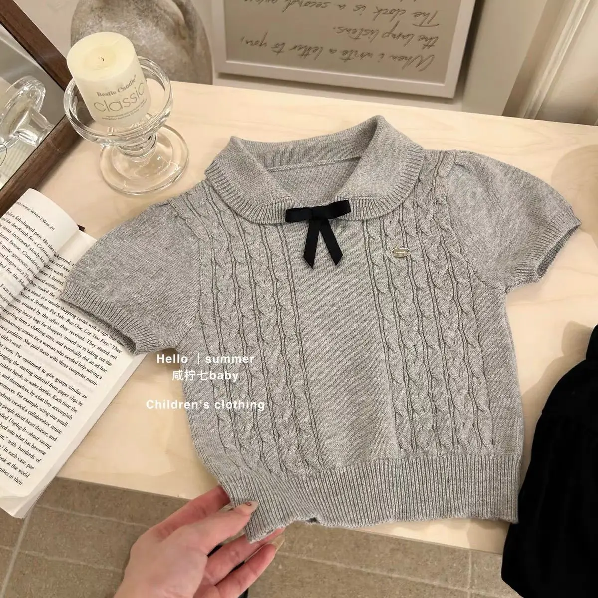 Bebê menina verão terno 2025 verão menina estilo estrangeiro arco de malha manga curta moda bud shorts conjunto de duas peças