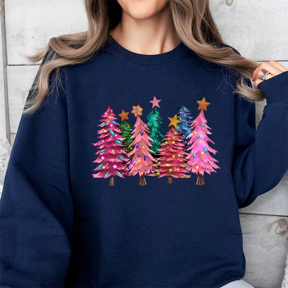 Maglione girocollo casual con grafica albero di Natale a colori 2024 Felpa calda morbida in cotone con maglione a maniche lunghe alla moda