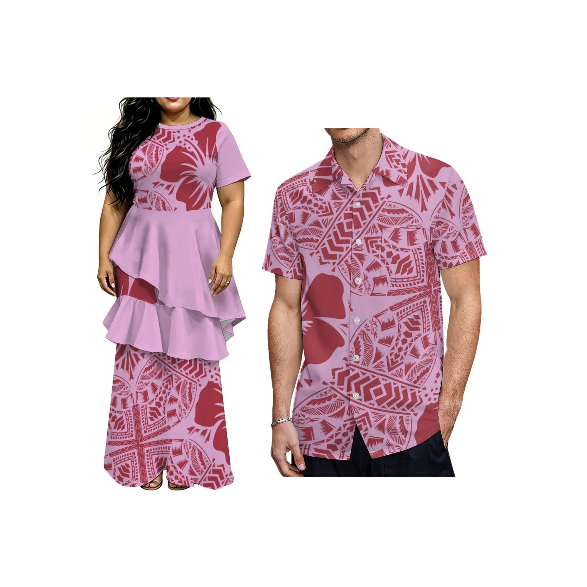 Women Dusty Pink Vintage Polynesian Print 2 Piece Puletasi Set Short Sleeve Layered Ruffle Tunic Top Long Skirt Island Outfit