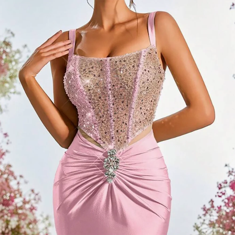 クラシックビーズノースリーブプリーツスパンコールレースアップマーメイドフォーマルイブニングドレス誕生日パーティーウエディングドレスカスタマイズ